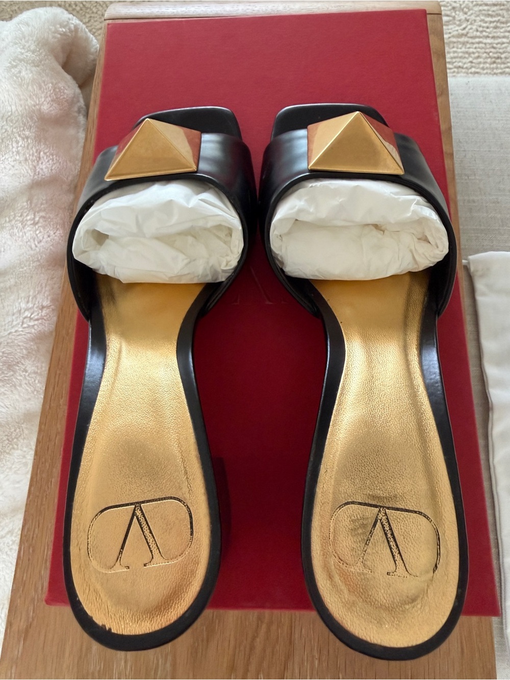 Valentino Black Leather Slide Mules with Gold Pyramid Studs. - Picture 2 of 4